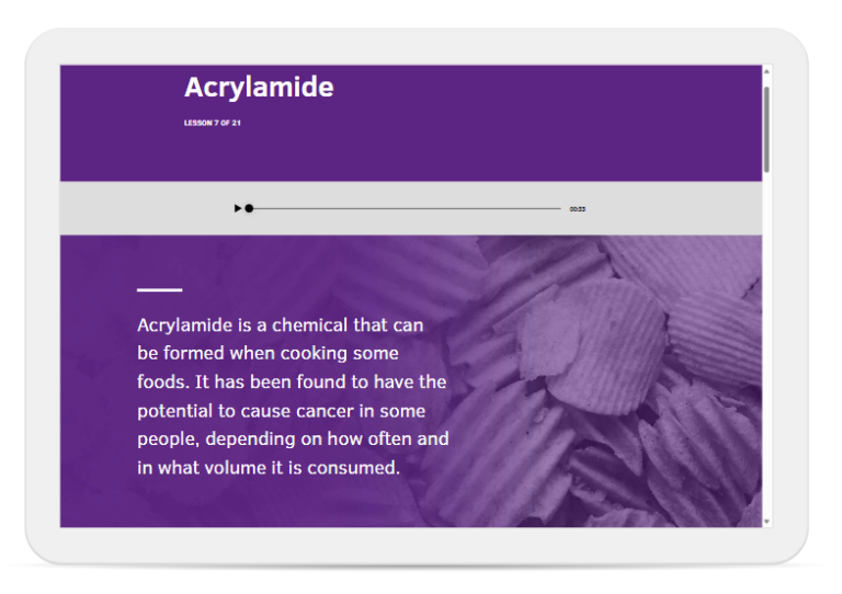 Tablet showing Highfield level 3 food safety online training on acrylamide