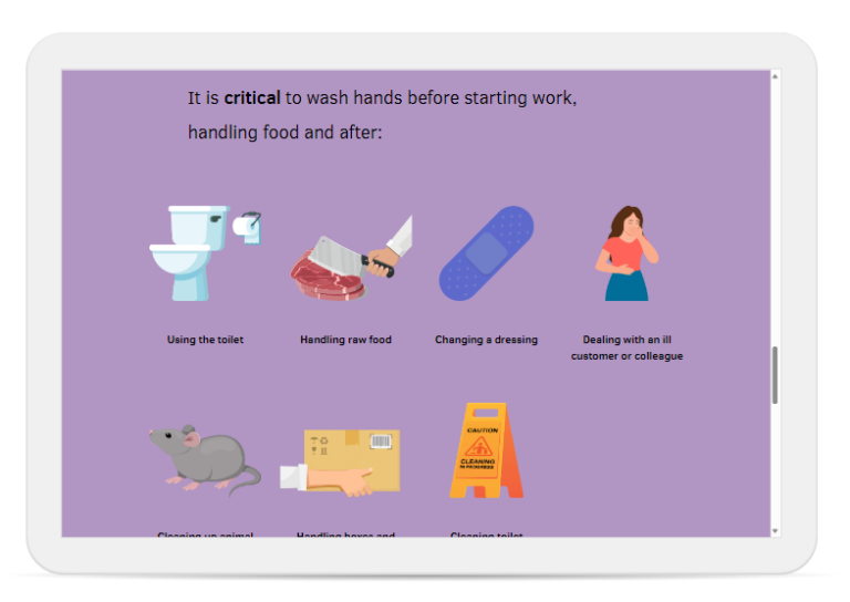 Tablet showing Highfield online training level 3 food safety hand washing lesson