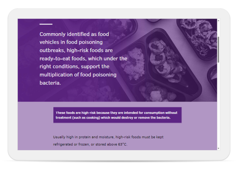 Tablet showing Highfield online training level 3 food safety high-risk foods lesson