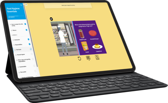 Tablet screen showing a food hygiene training app with a left navigation menu and a purple quiz panel on a yellow background.