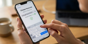 Person holding an iPhone showing the Change Passcode screen while typing a new code on the keypad.