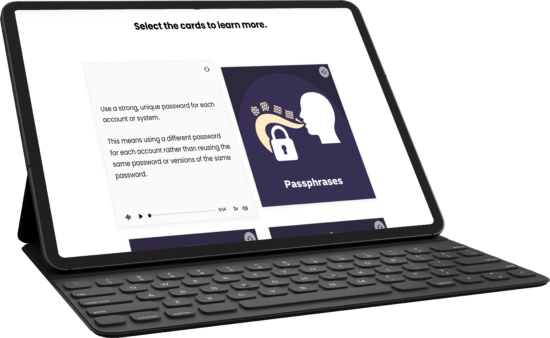 Tablet screen showing a learning card grid with the instruction 'Select the cards to learn more' and example cards about passwords and passphrases.