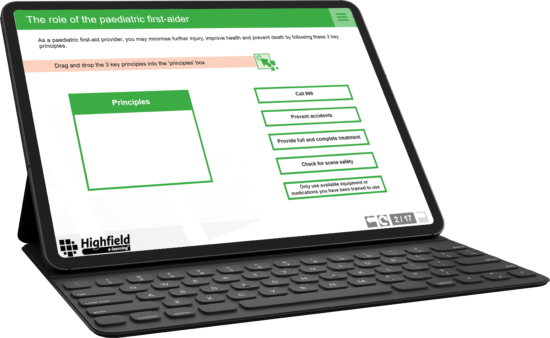 Tablet displaying a Highfield e-learning page titled 'The role of the paediatric first-aider' with a green header and a 'Principles' section.