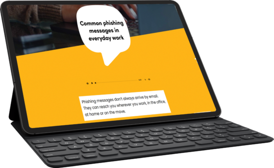 Tablet screen showing an orange background with a white speech-bubble title: 'Common phishing messages in everyday work'.