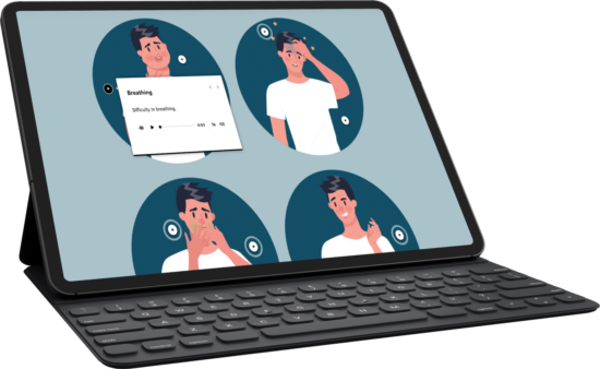 Tablet screen showing four circular portraits of a man with varying poses and a floating Breathing card with play controls (breathing exercise).