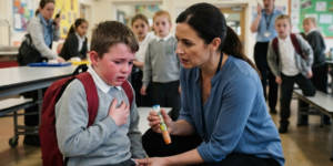 School staff member supporting a pupil during an allergy emergency